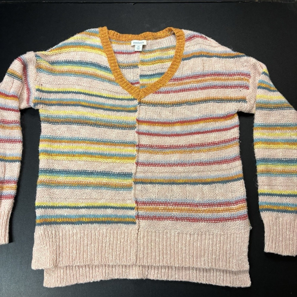 Sundance‎ Sweater Size XS Pink Striped V-Neck Long Sleeve Womens